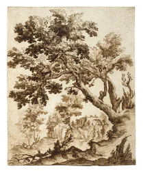 Táj fával és malommal, 1600-as évek eleje (tinta és mosás kiemeléssel fektetett papíron a másodlagos támasztékon)